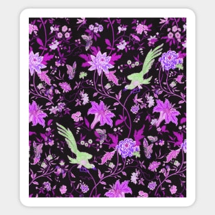 GREEN BIRDS,POMEGRANATE FLOWERS AND BUTTERFLIES Antique Purple Green Floral Pattern Sticker